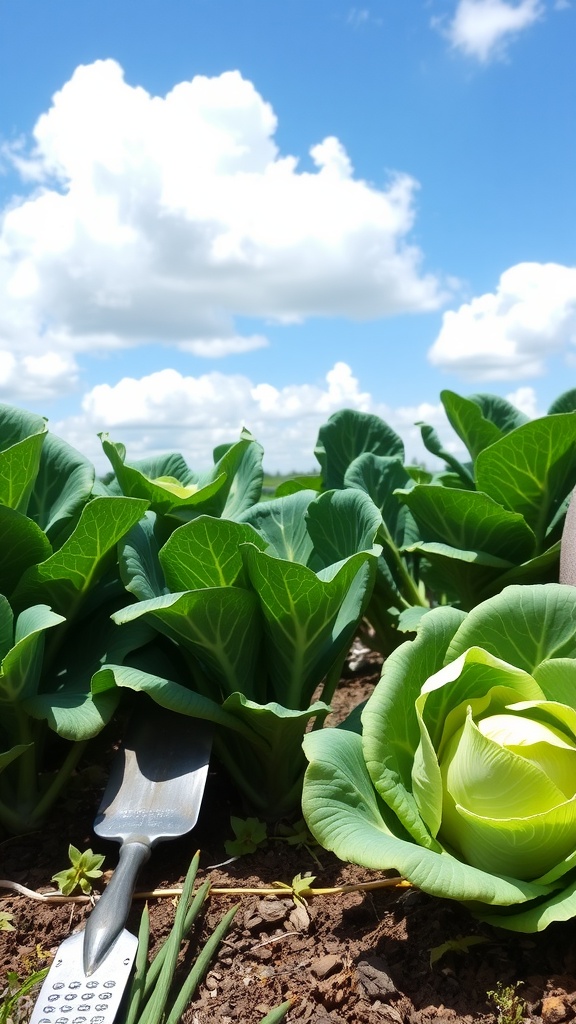 Planting Guide for Cabbage in Zone 8 Healthy green cabbage plants growing in a sunny garden with blue sky.